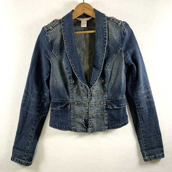 Vintage Britney x Candies Women Fitted Military Style Jean Jacket Sz S Y2K Denim - Picture 1 of 13